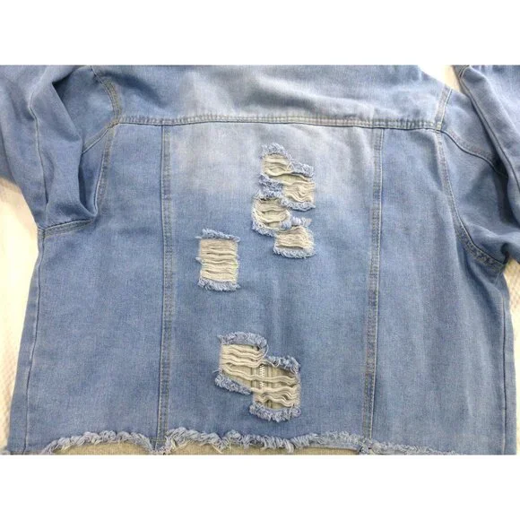 Distressed Denim Hooded Jacket With Playful Rips & Layered Style 1X Thrill Jeans - Picture 12 of 13